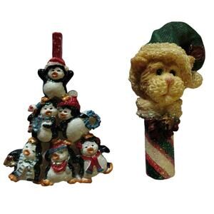 Vintage Lot of 2 Penguin Christmas & Boyds Bears Cat Candy Cane Resin Brooch Pin